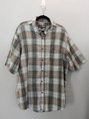 Canyon Guide Mens Plaid Button Down Tan and Teal Short Sleeve XXL Used